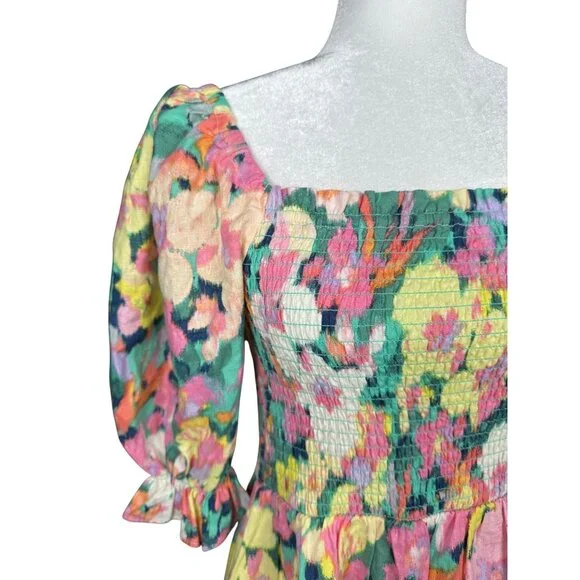 GAP Floral Smocked Dress Medium‎ Linen Cotton Puff Sleeve Colorful Party Cottage - Picture 4 of 13